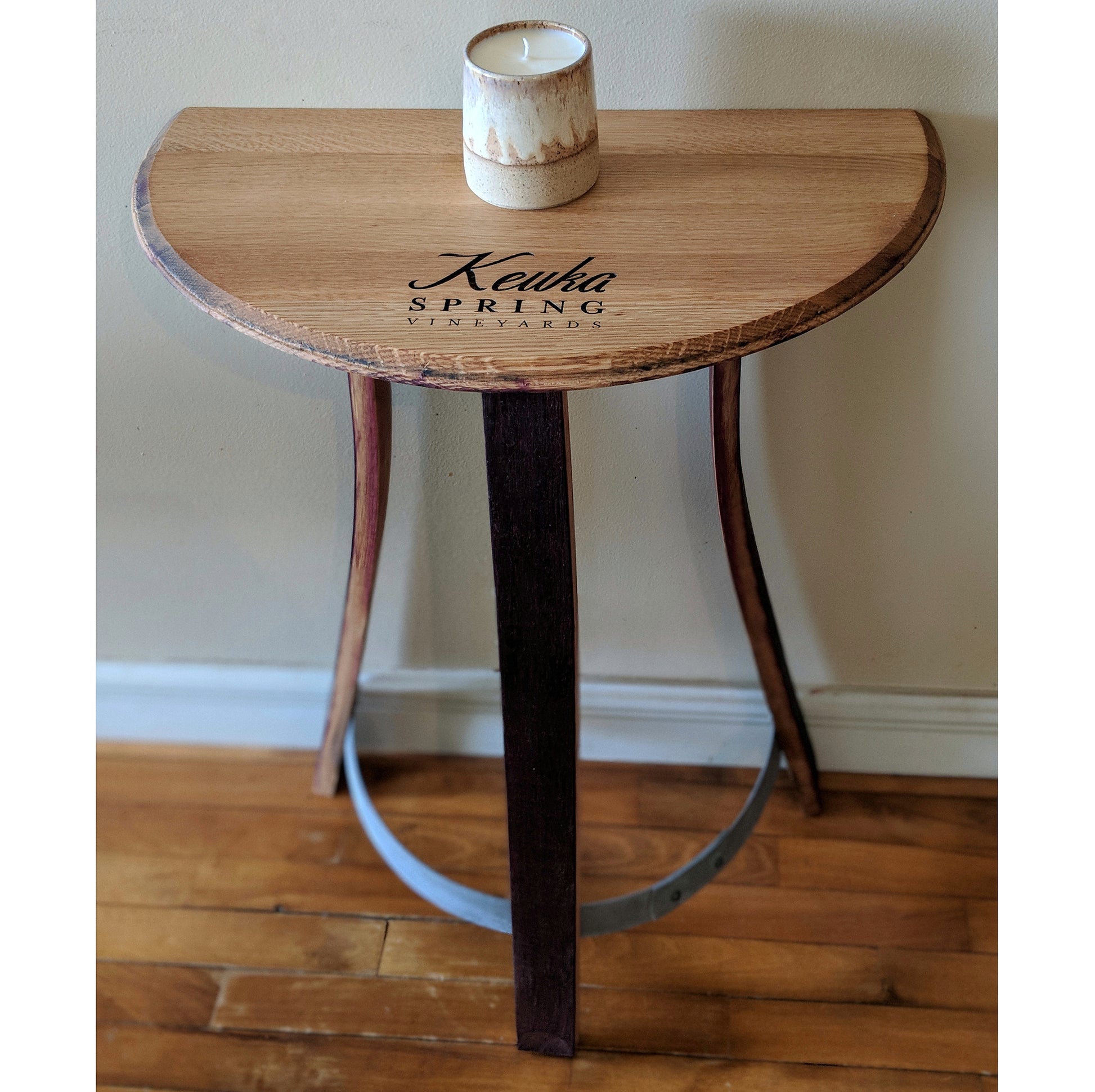 Engraved Barrel Head Half Moon Table - Staving Artist Woodwork