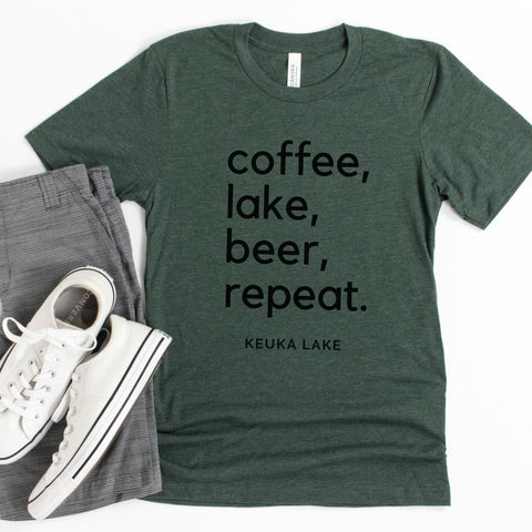 KEUKA LAKE T-Shirt ~ Coffee, Lake, Beer, Repeat - Staving Artist Woodwork
