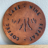 Coffee, Lake, Wine, Repeat - Leather Coasters - Staving Artist Woodwork