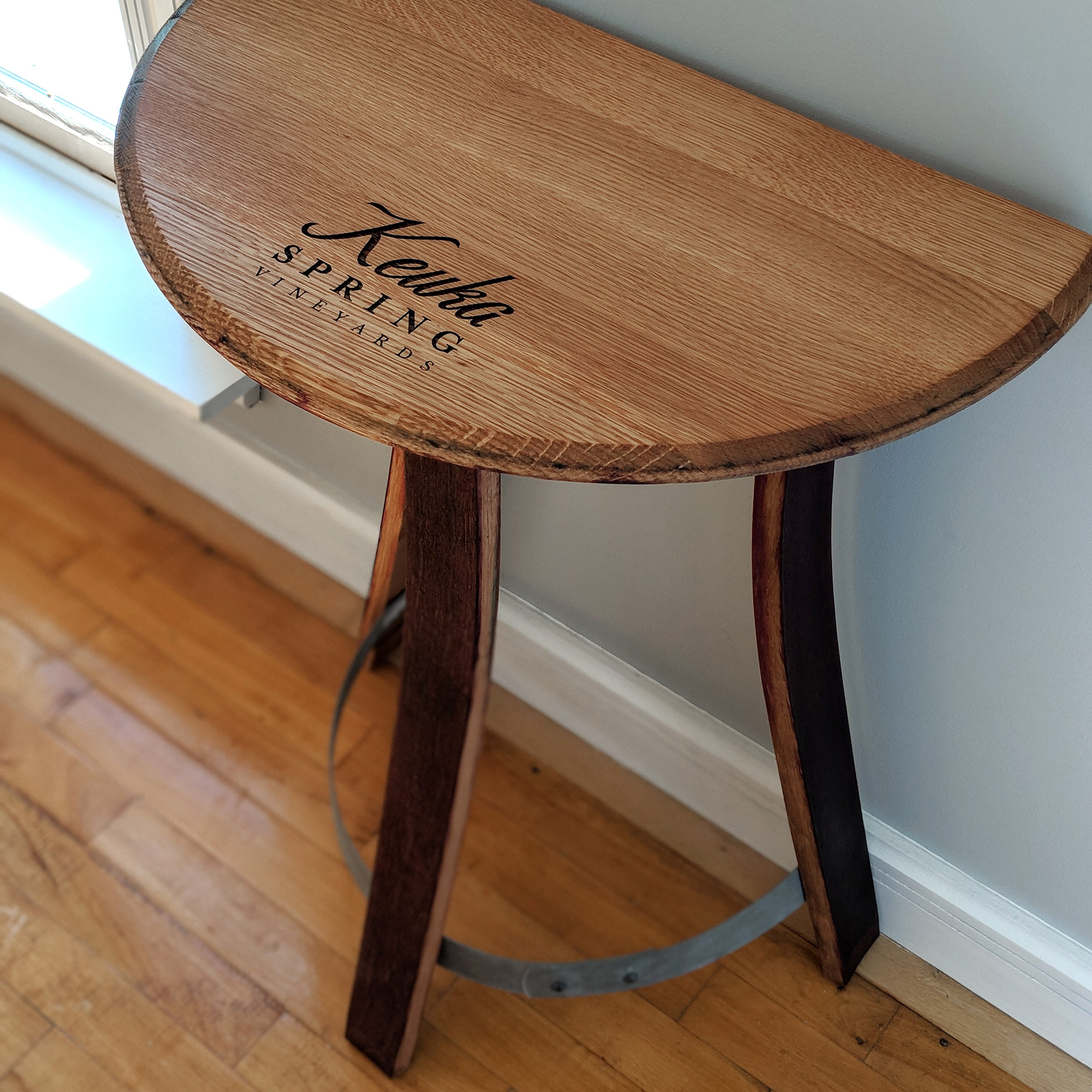 Engraved Barrel Head Half Moon Table – Staving Artist Woodwork